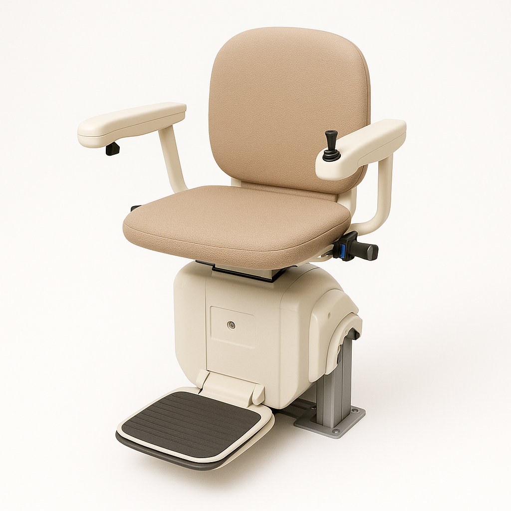 Indoor home stair lift installed on a straight staircase with foldable seat and rail.